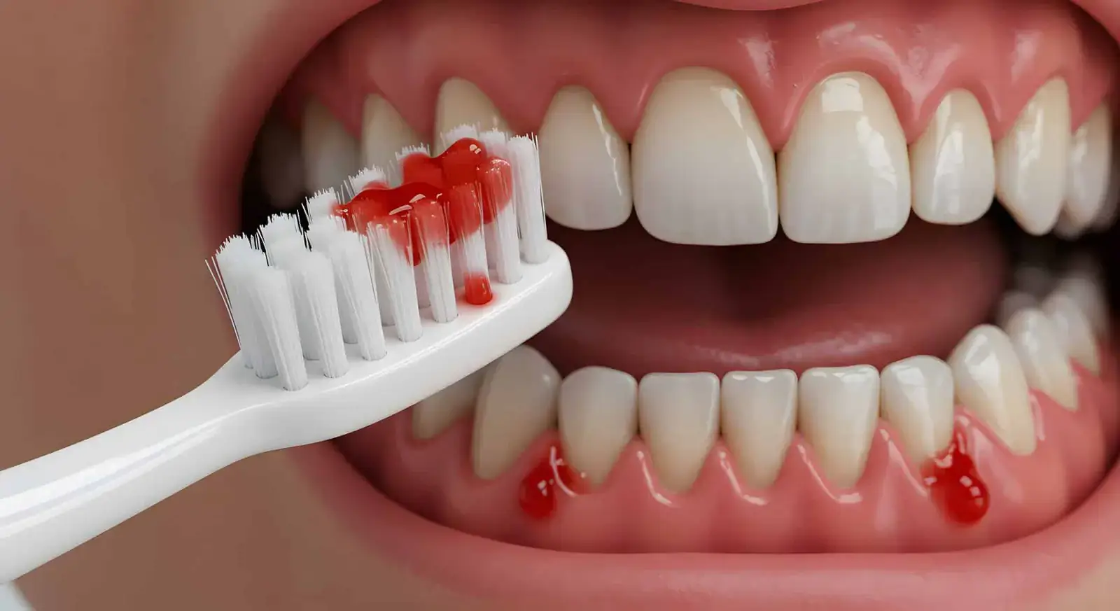 Close-up of a toothbrush with blood on its bristles beside teeth with bleeding at the gumline