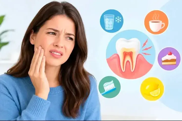 A woman holding her cheek in discomfort beside icons of common tooth sensitivity triggers: cold drinks, hot coffee, sweets, citrus and brushing